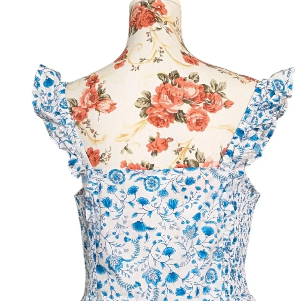 Draper James XL Maxi Sun Dress Ruffled White Blue Flounce Hem Beach Summer EUC